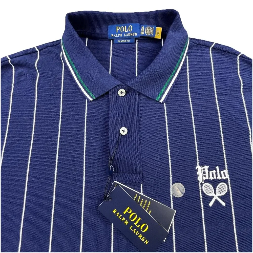 Polo Ralph Lauren Polo Shirt XL Tennis Racquet Navy Blue Stripe Classic Fit NEW